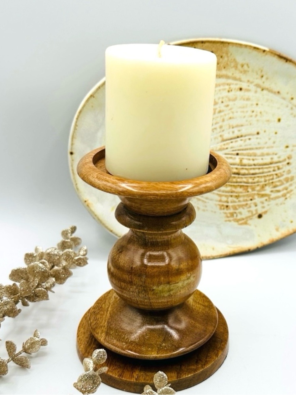 Pottery Barn Fruitwood Natural Candle Holder.